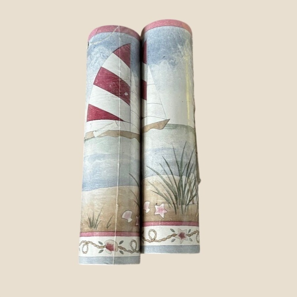 2 - Vintage Nautical‎ Sailboat Beach Seashell Border Wallpaper 5 Yds 7016-624B